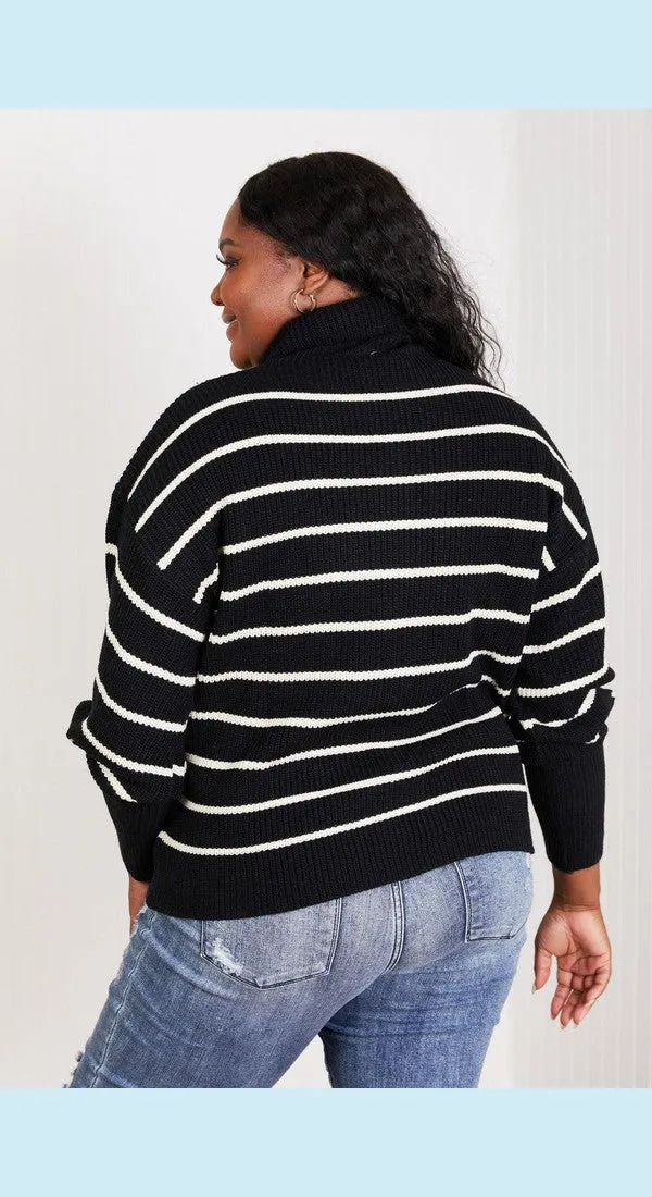 CY Fashion No Worries Full Size Striped Turtleneck Sweater