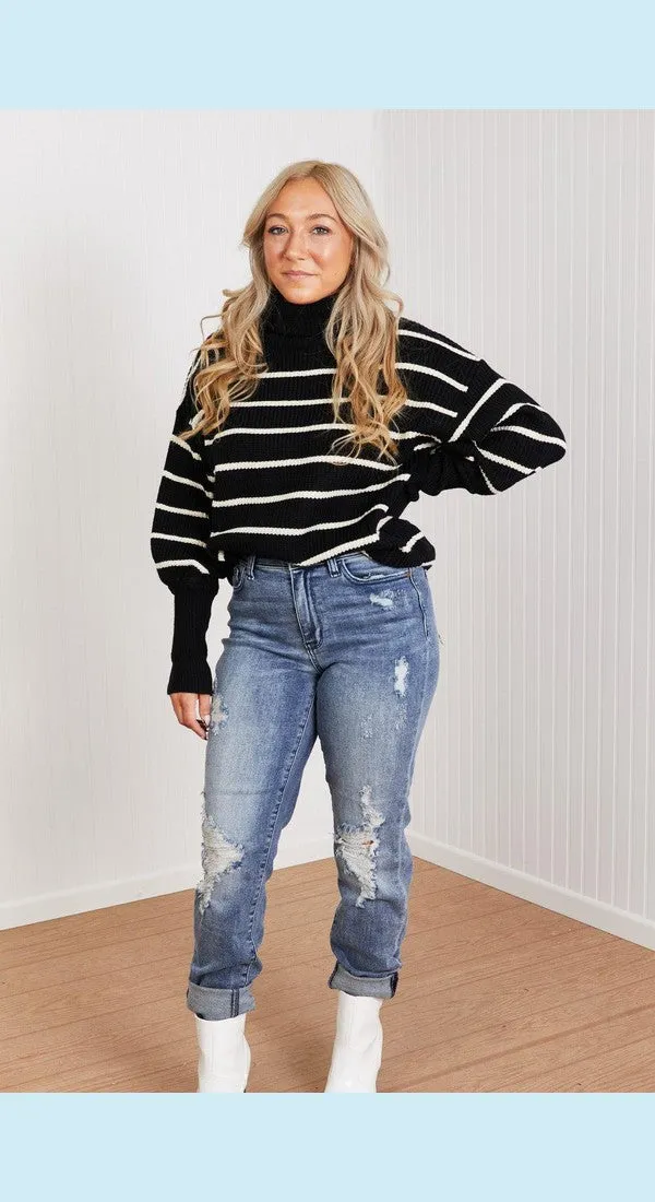 CY Fashion No Worries Full Size Striped Turtleneck Sweater