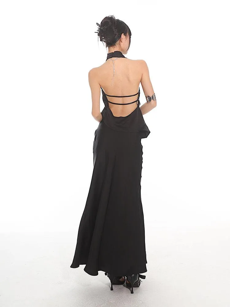 Elegant Halter Neck Open-Back Top & Mermaid Maxi Skirt Set