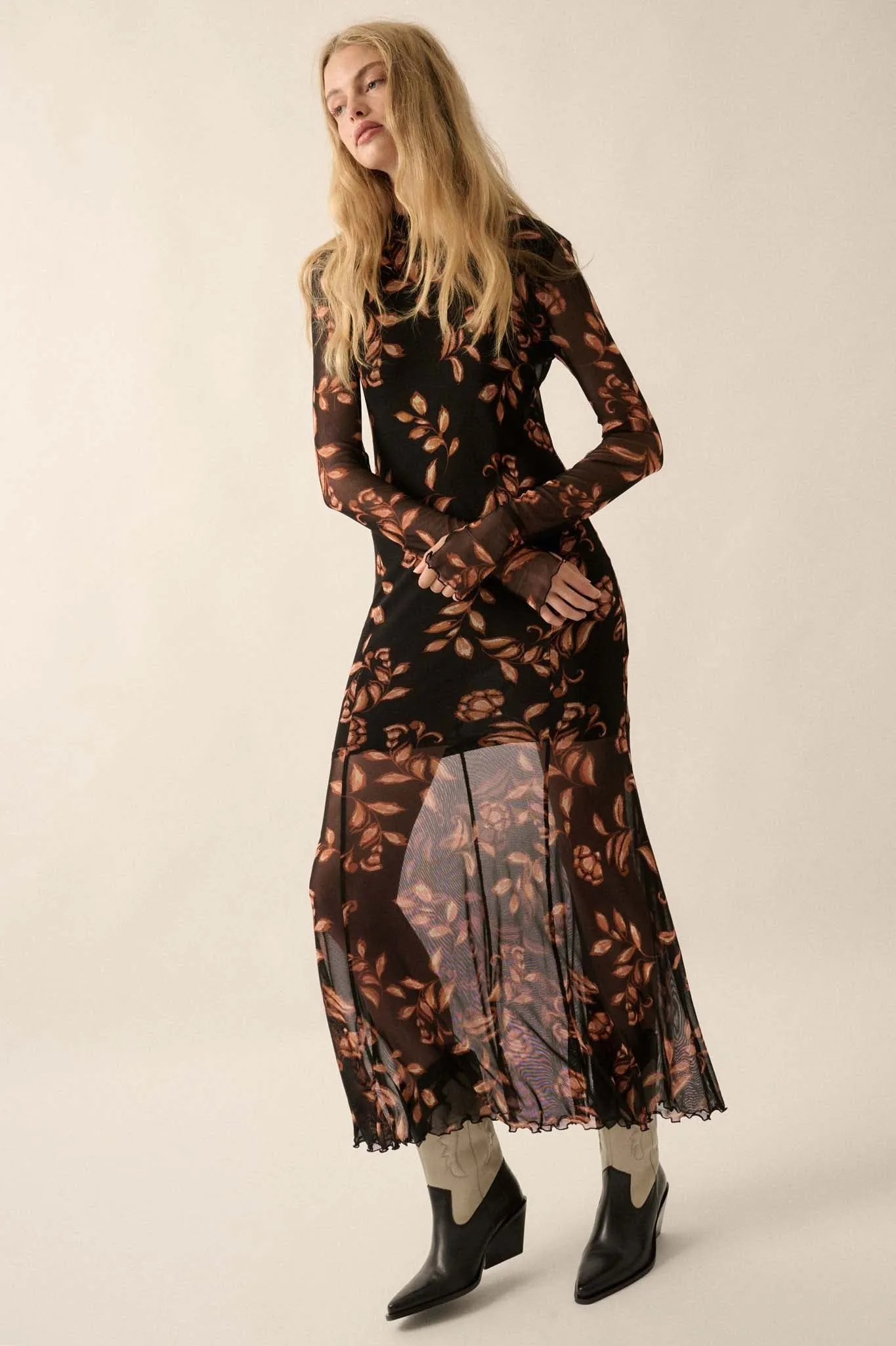 Fabulous Fall Floral Mesh Mock-Neck Maxi Dress