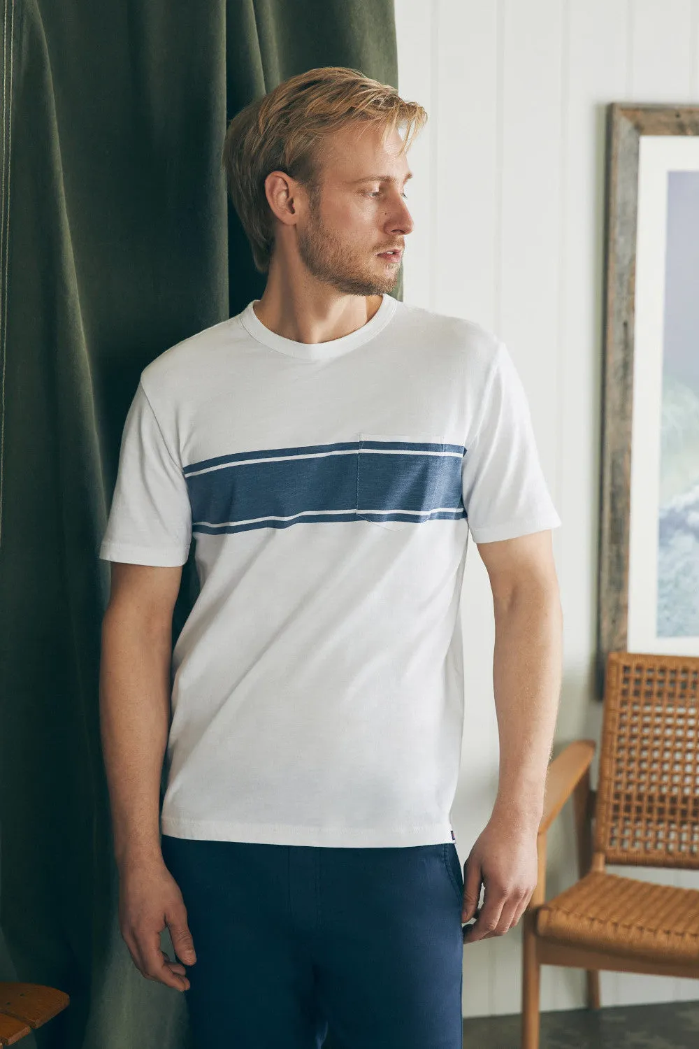 Faherty Surf Stripe Sunwashed Pocket Tee in White Surf Stripe