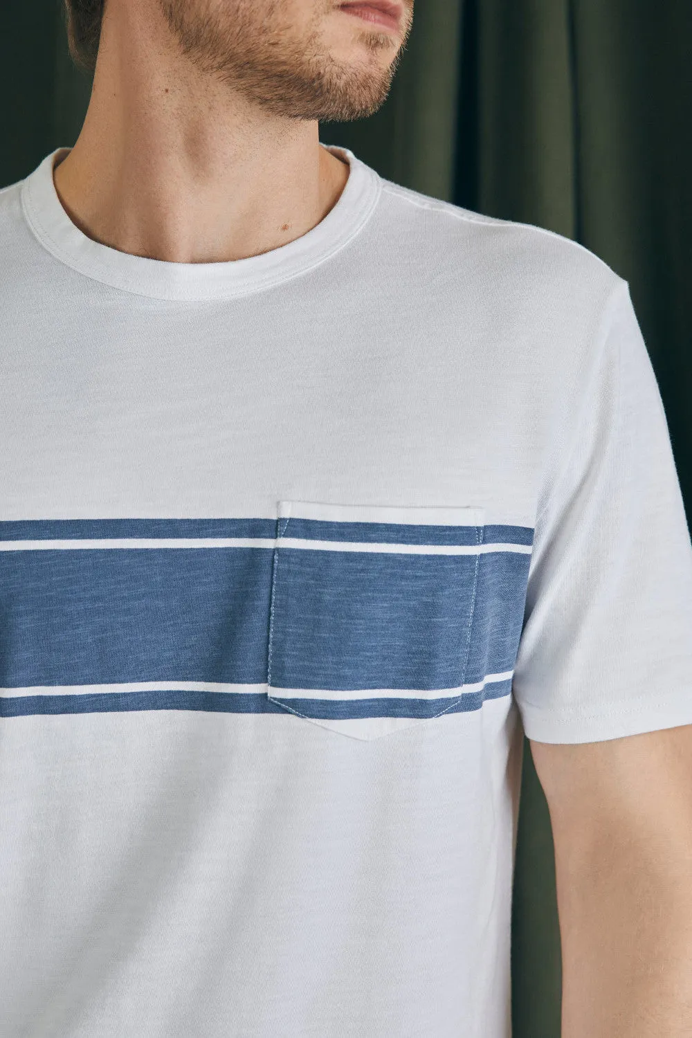 Faherty Surf Stripe Sunwashed Pocket Tee in White Surf Stripe