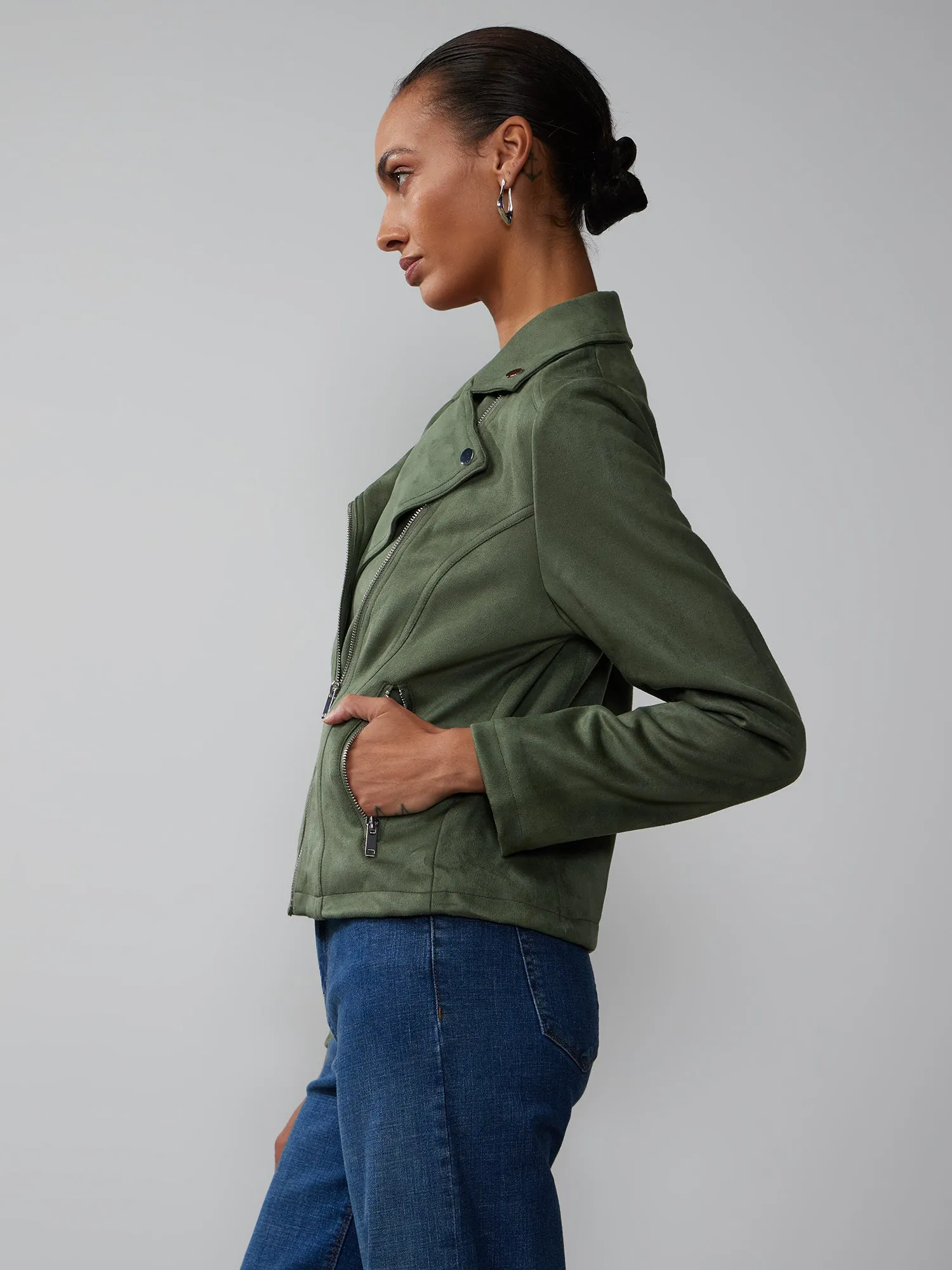 Faux-Suede Notch Lapel Moto Jacket