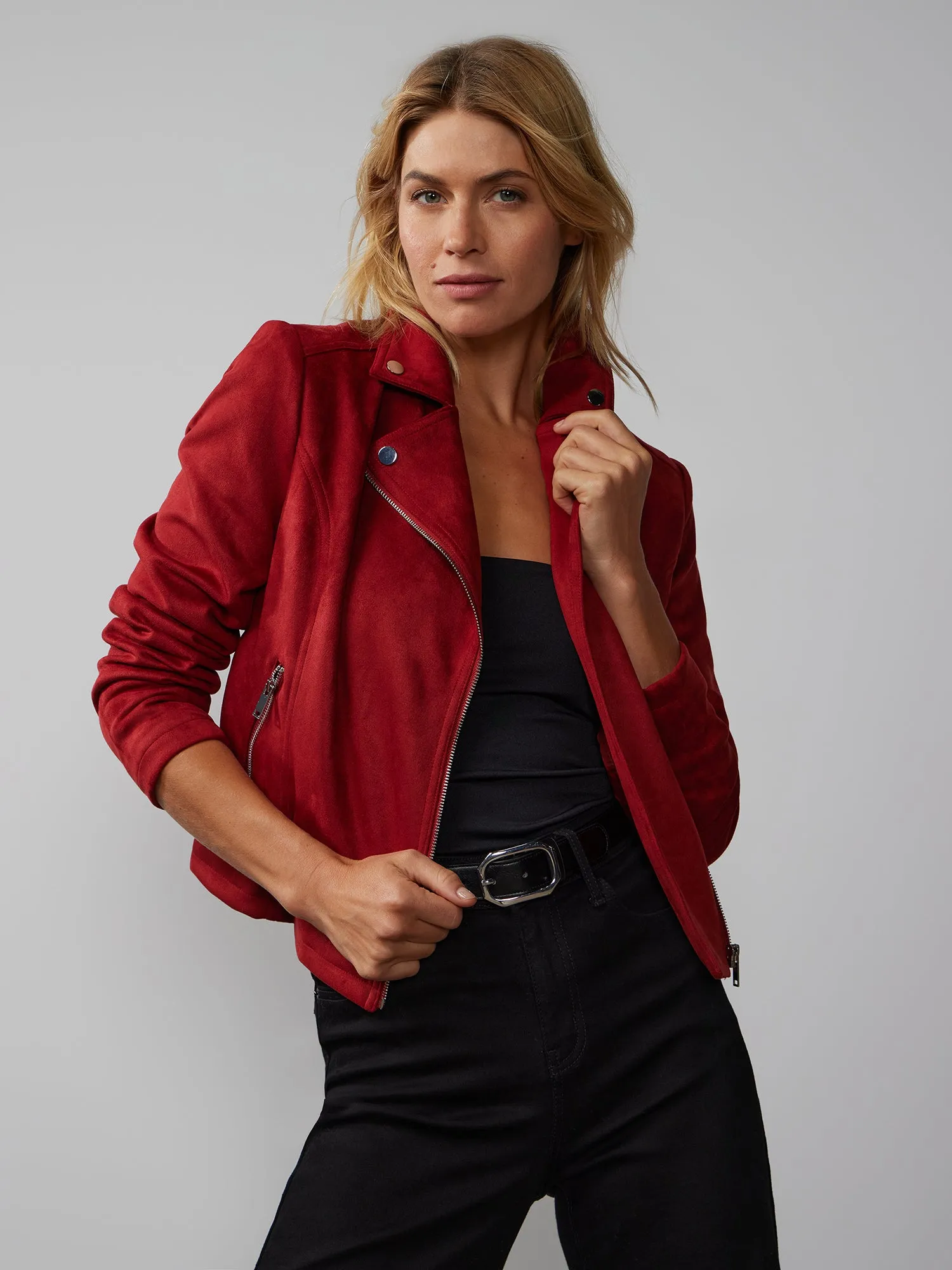 Faux-Suede Notch Lapel Moto Jacket