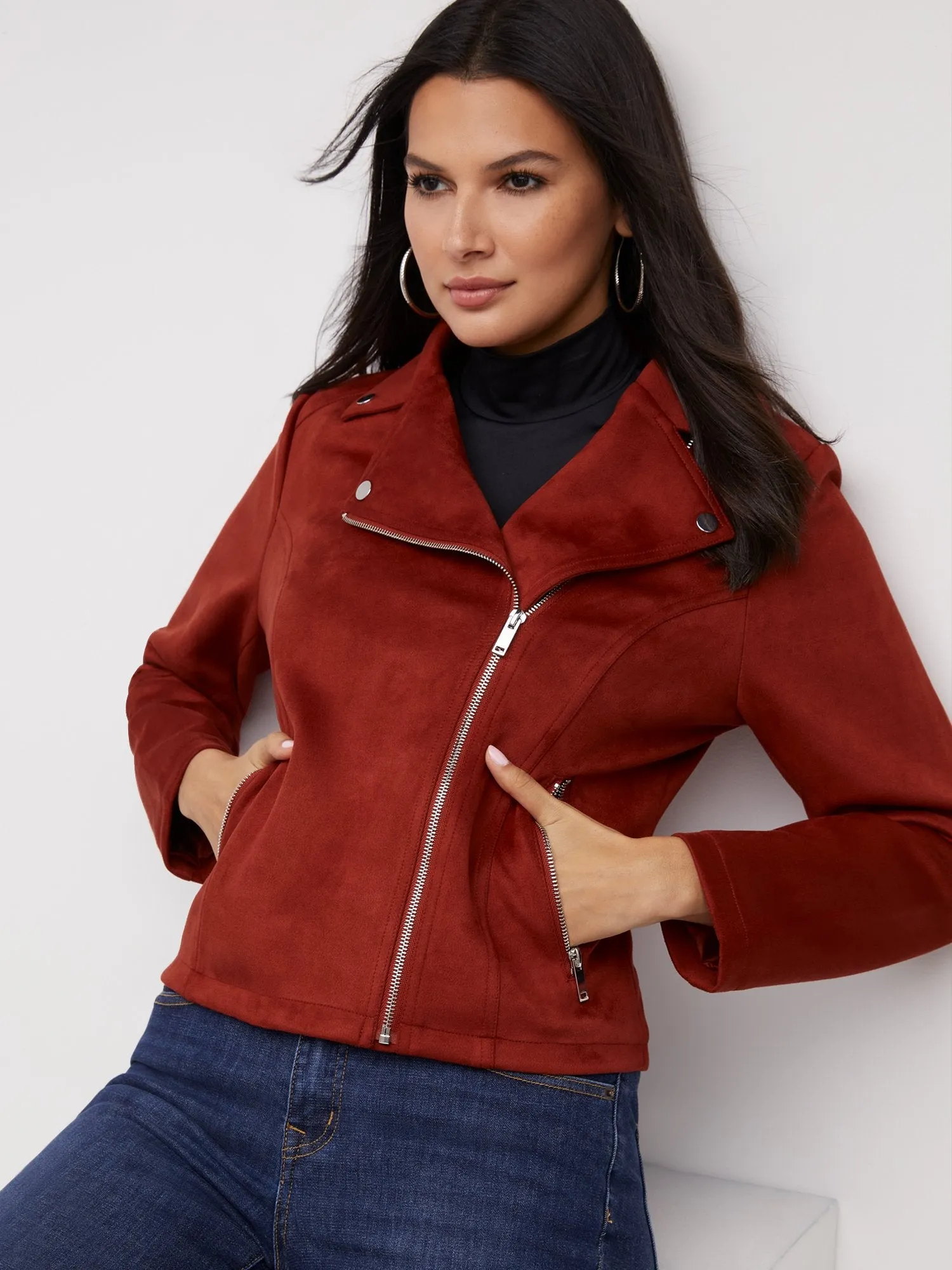 Faux-Suede Notch Lapel Moto Jacket