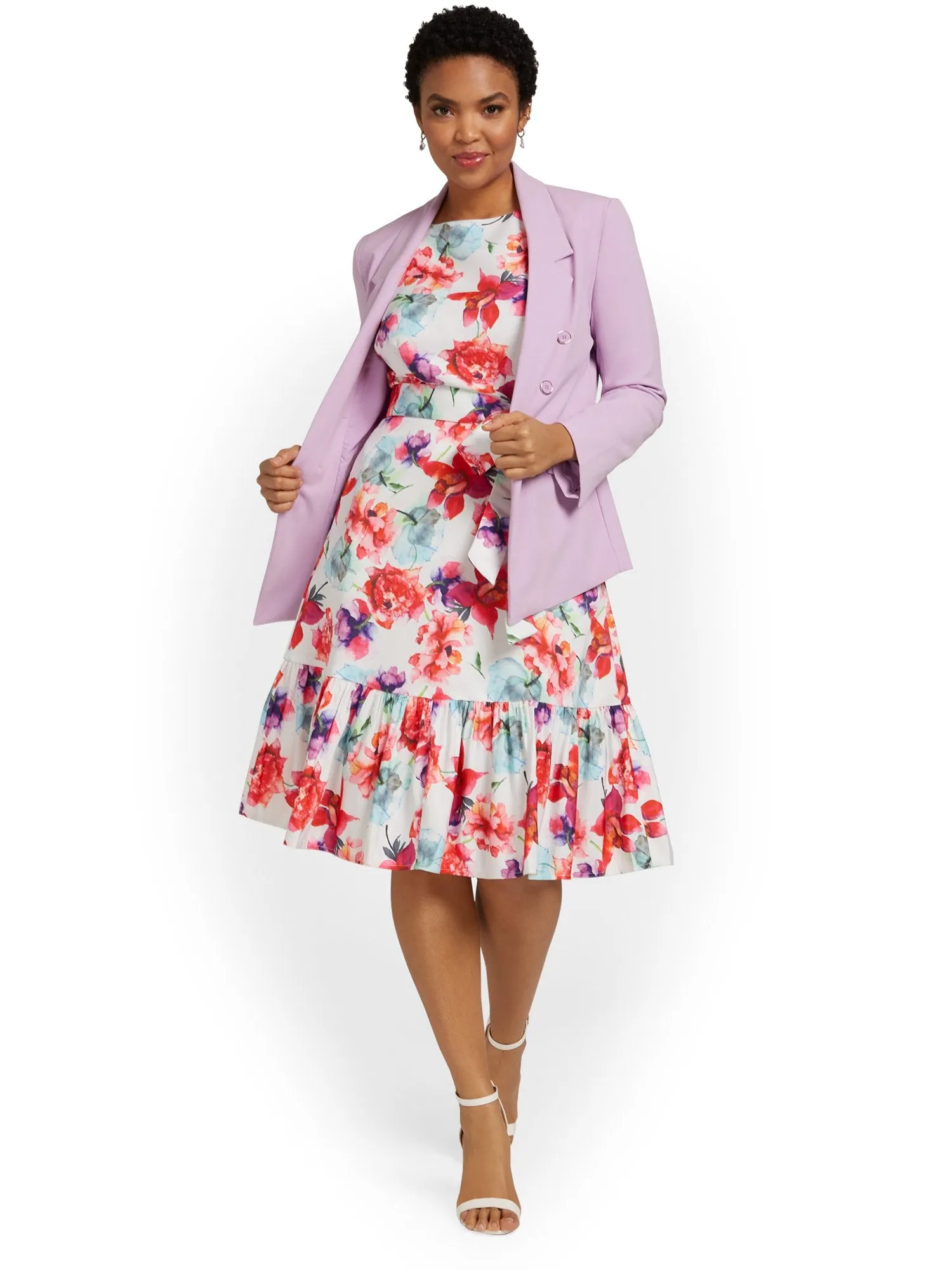 Floral-Print Belted Flare Dress