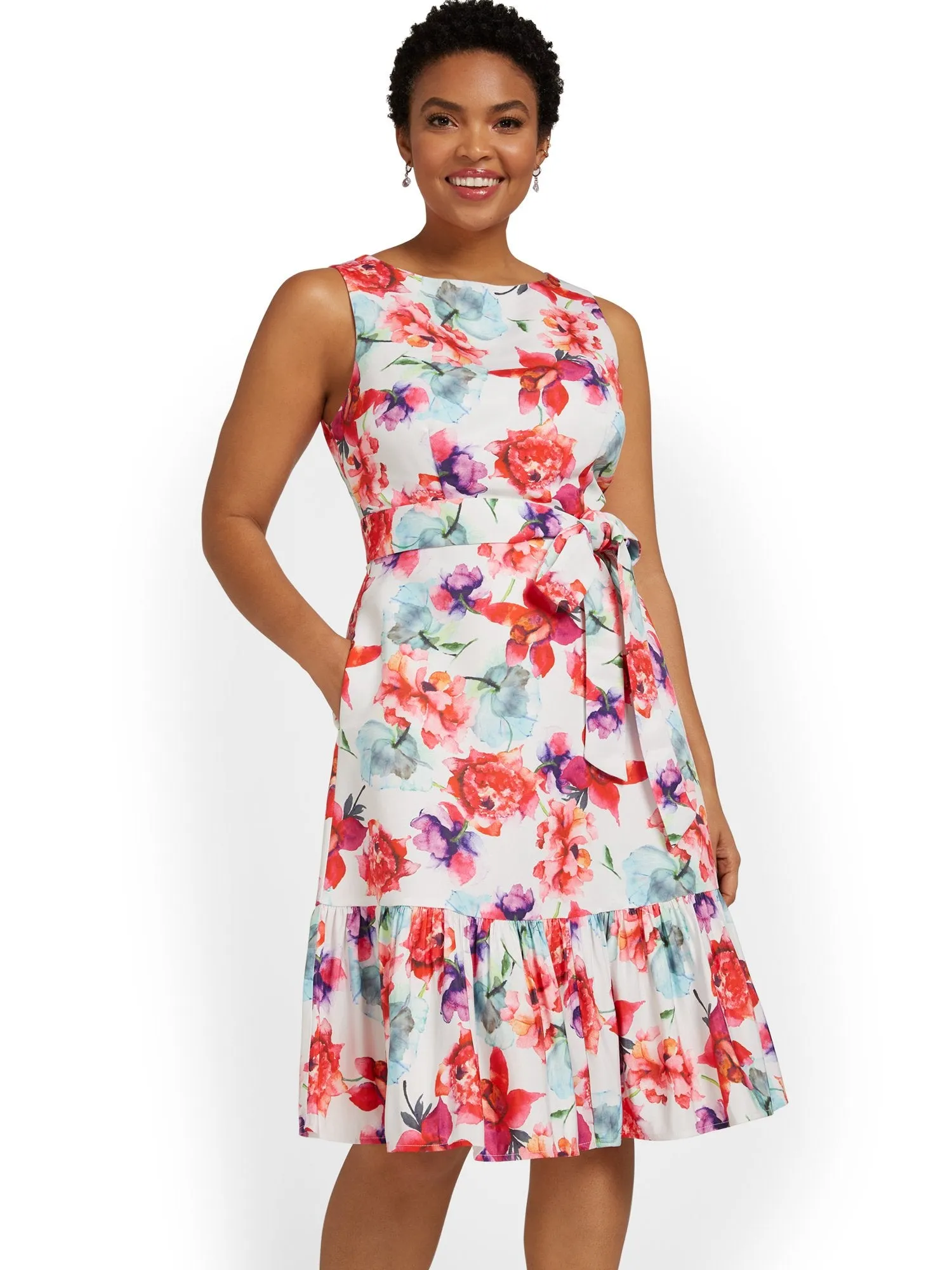 Floral-Print Belted Flare Dress