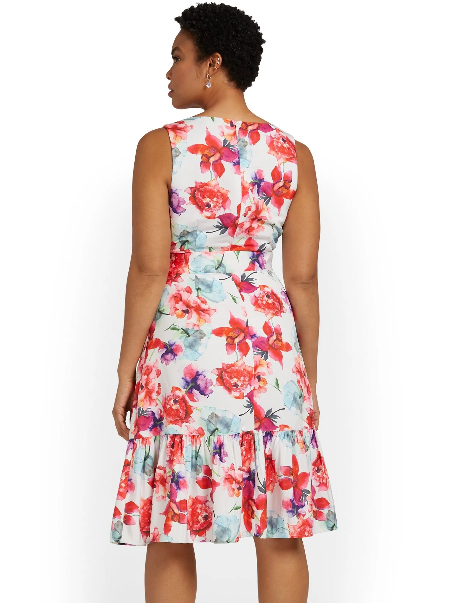 Floral-Print Belted Flare Dress