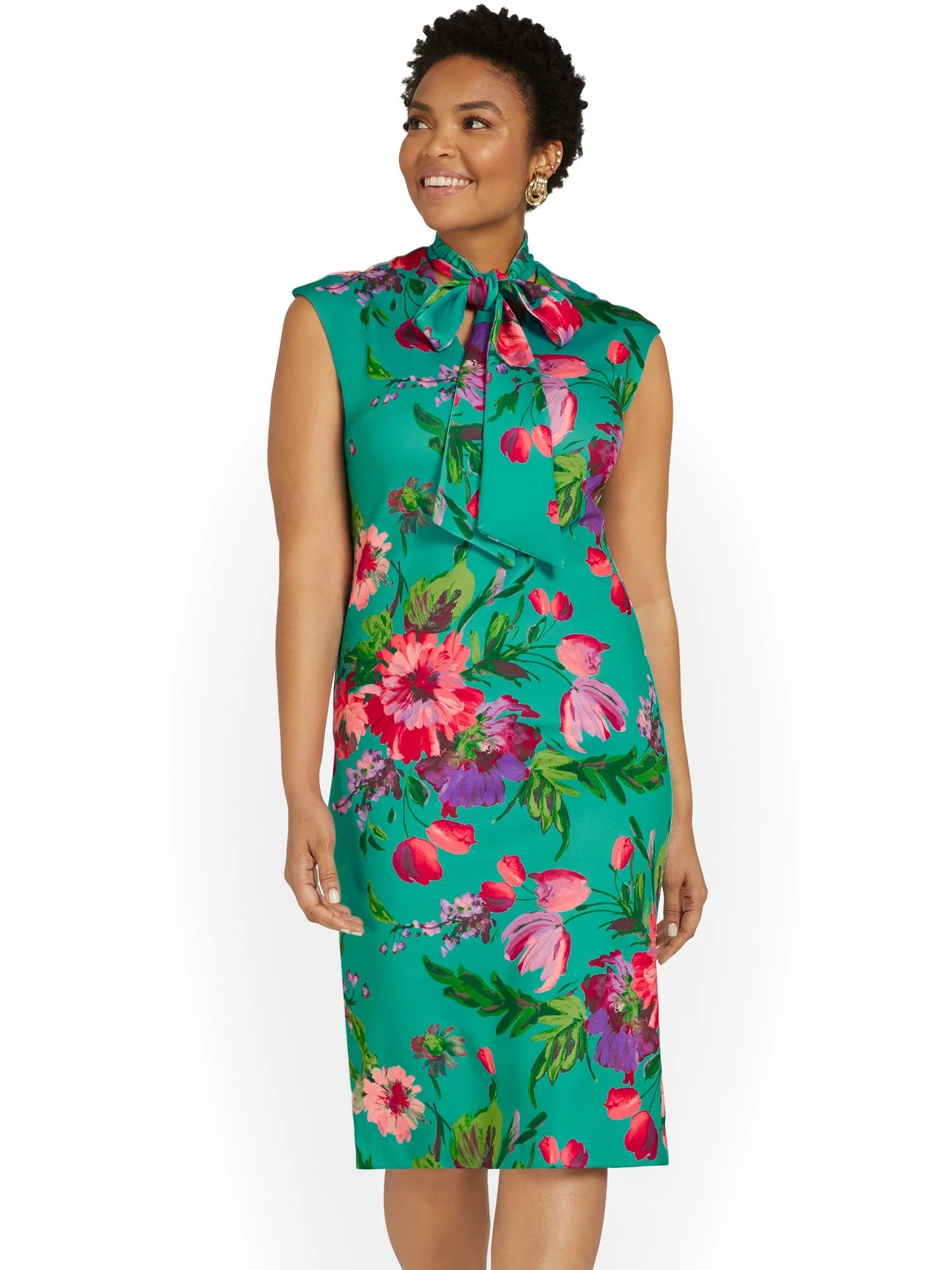 Floral-Print Bow-Neck Sheath Dress