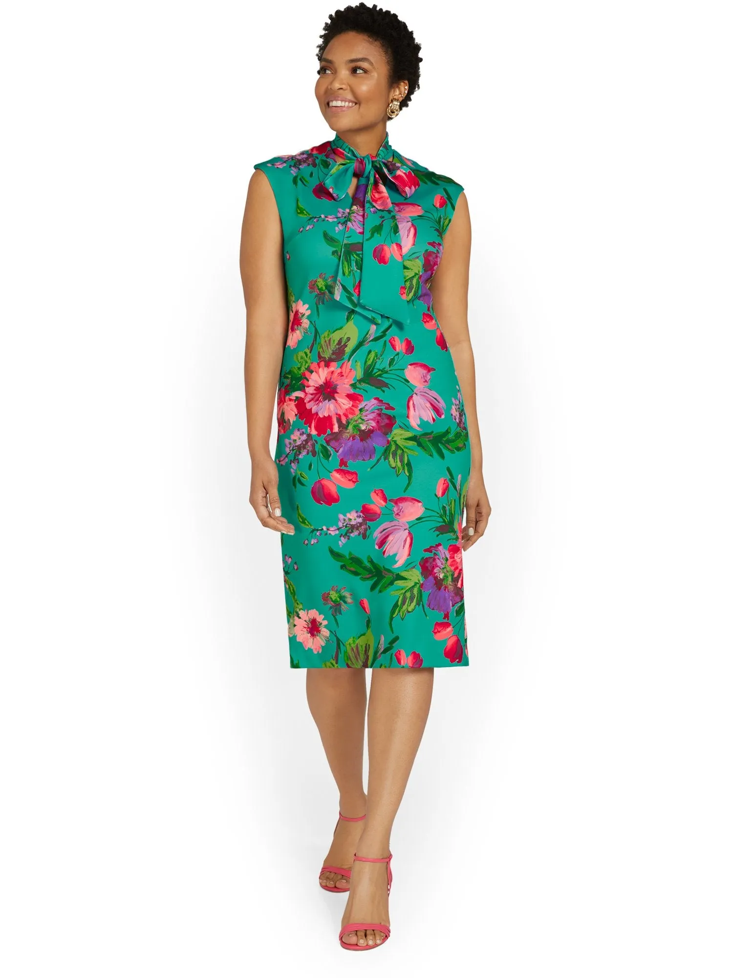 Floral-Print Bow-Neck Sheath Dress