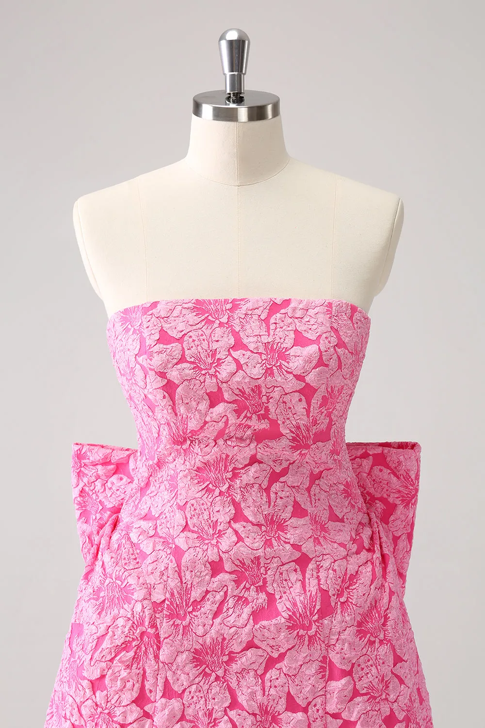 Fuchsia A Line Floral Strapless Mini Dress With Bow