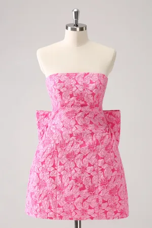 Fuchsia A Line Floral Strapless Mini Dress With Bow