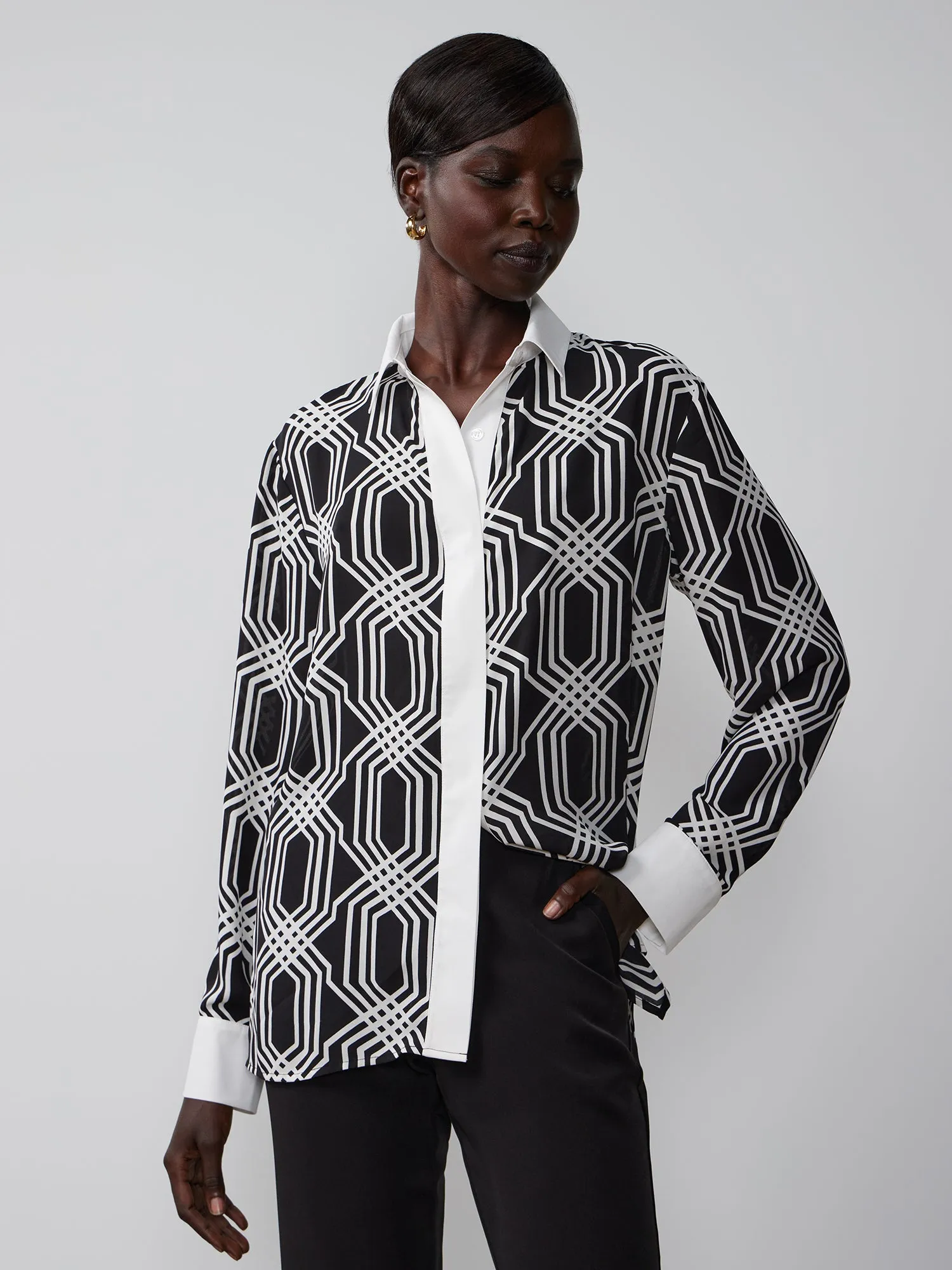 Geometric Link Print Contrast Trim Shirt