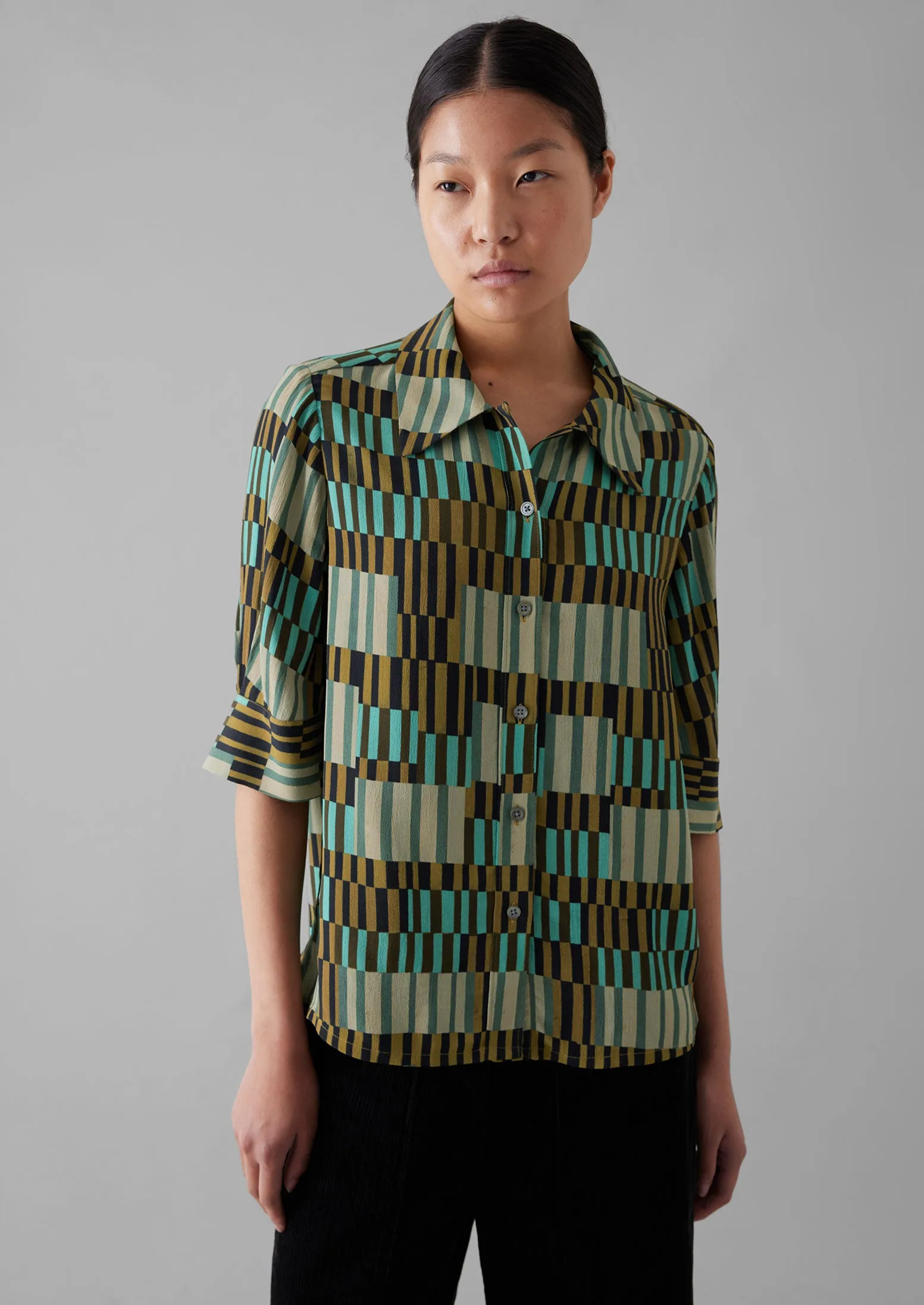 Gia Irregular Check Print Shirt | Olive/Mint