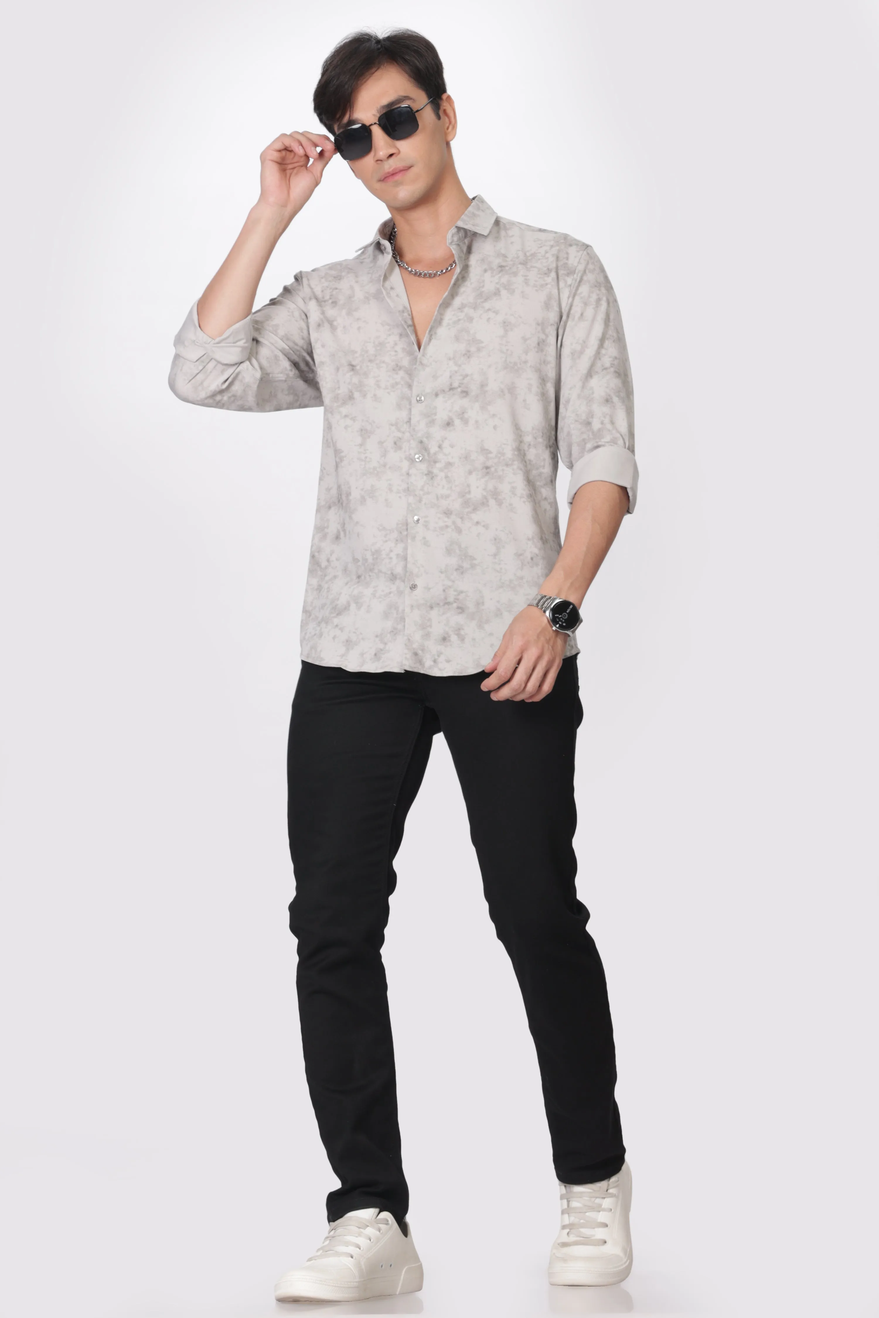 Gray Slim Fit Self Design Casual Shirt