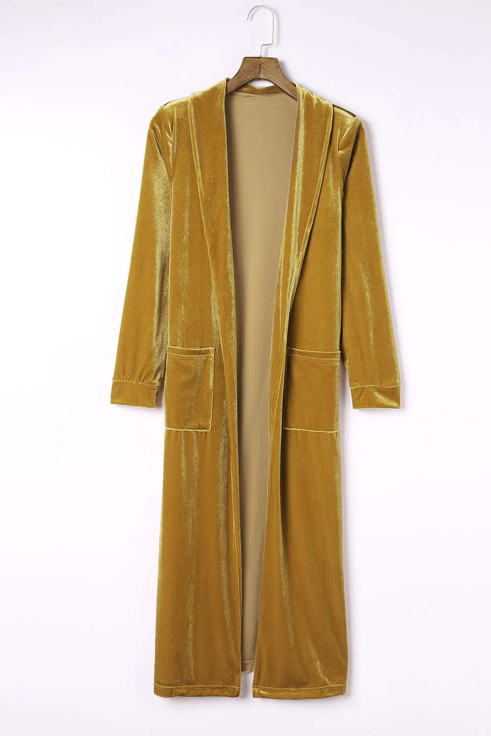 Green Velvet Open Front Pocketed Long Duster