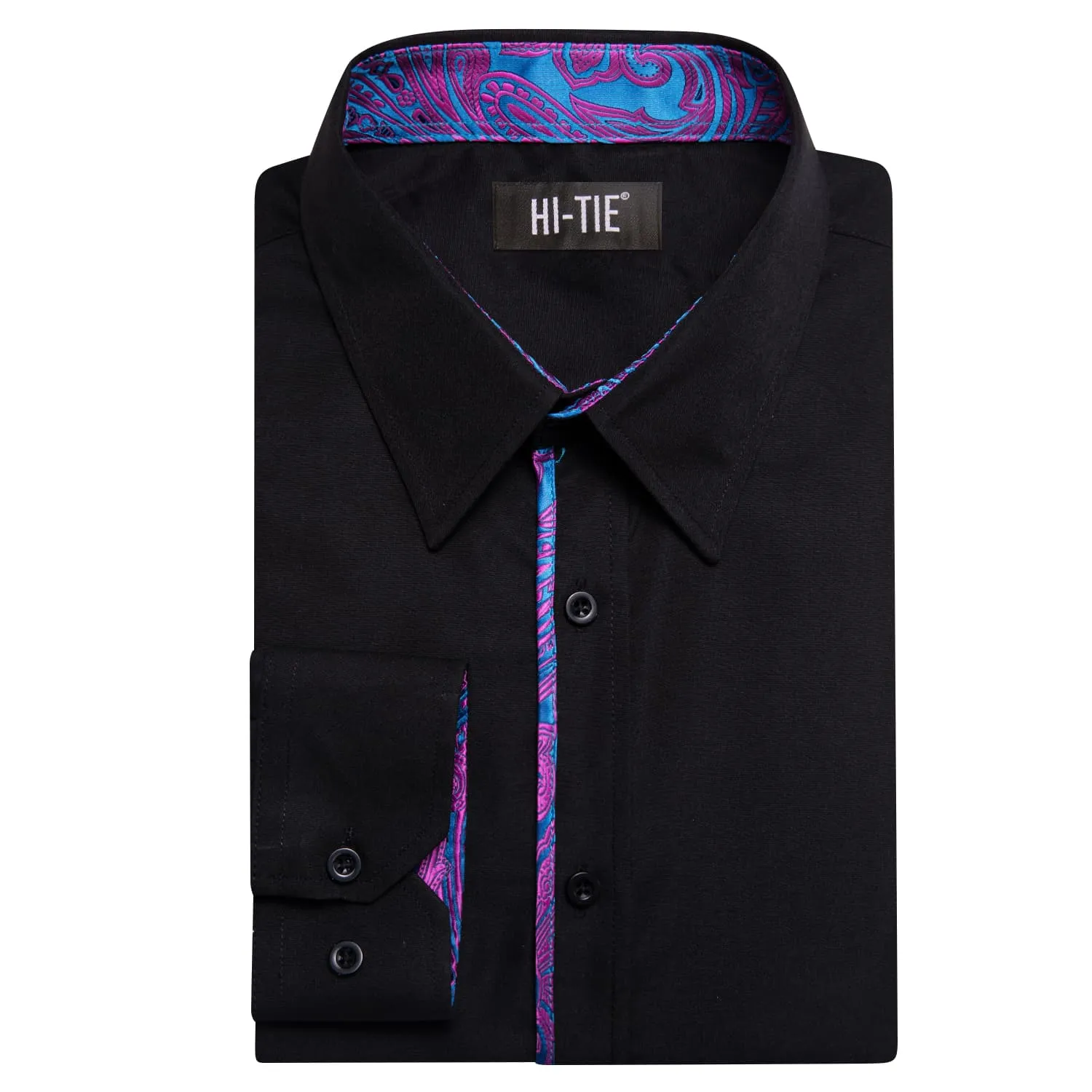 Hi-Tie Black Shirt with Fuchsia CornflowerBlue Jacquard Collar Solid Shirt