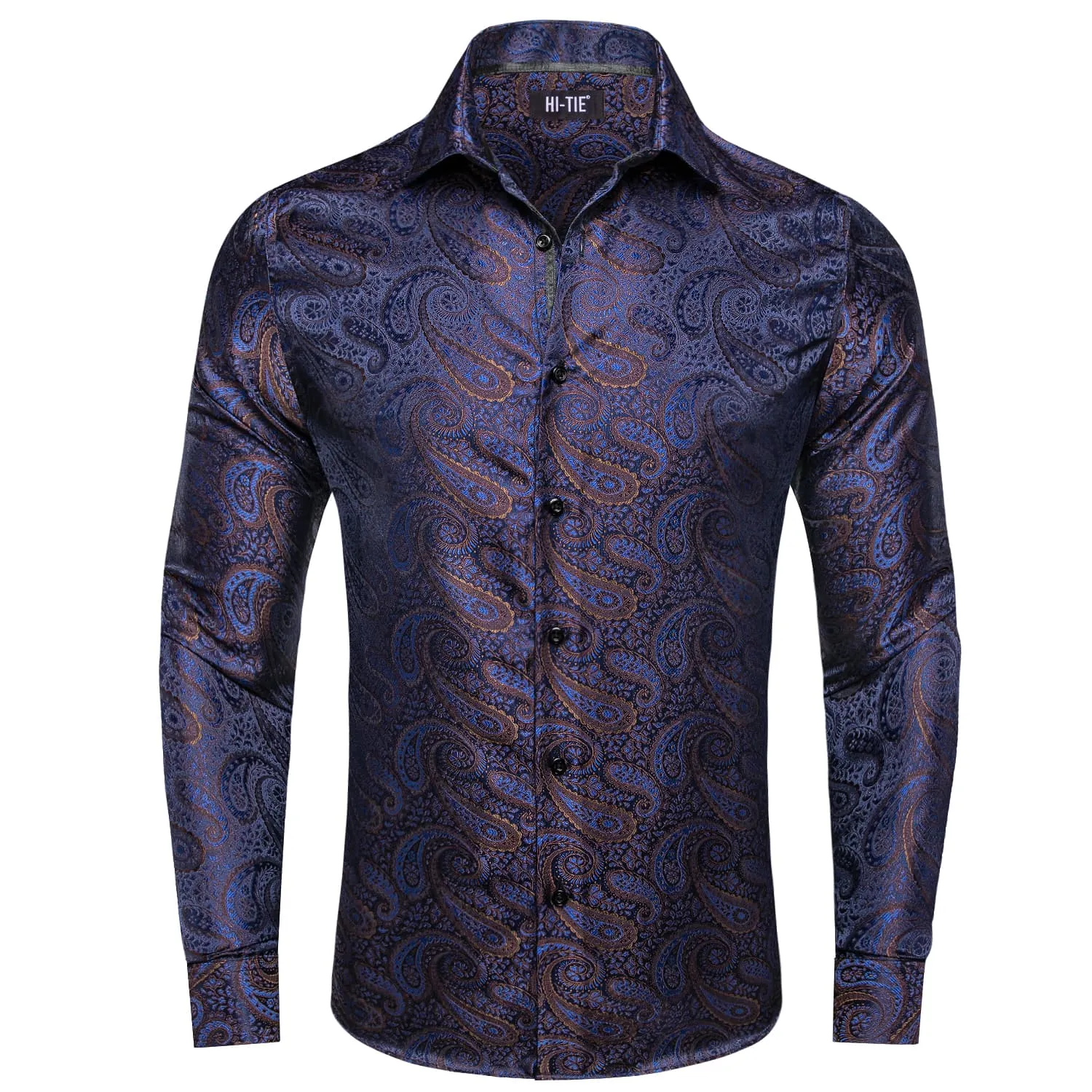 Hi-Tie Paisley Navy Blue Shirt Brown Jacquard Mens Button Down Shirt