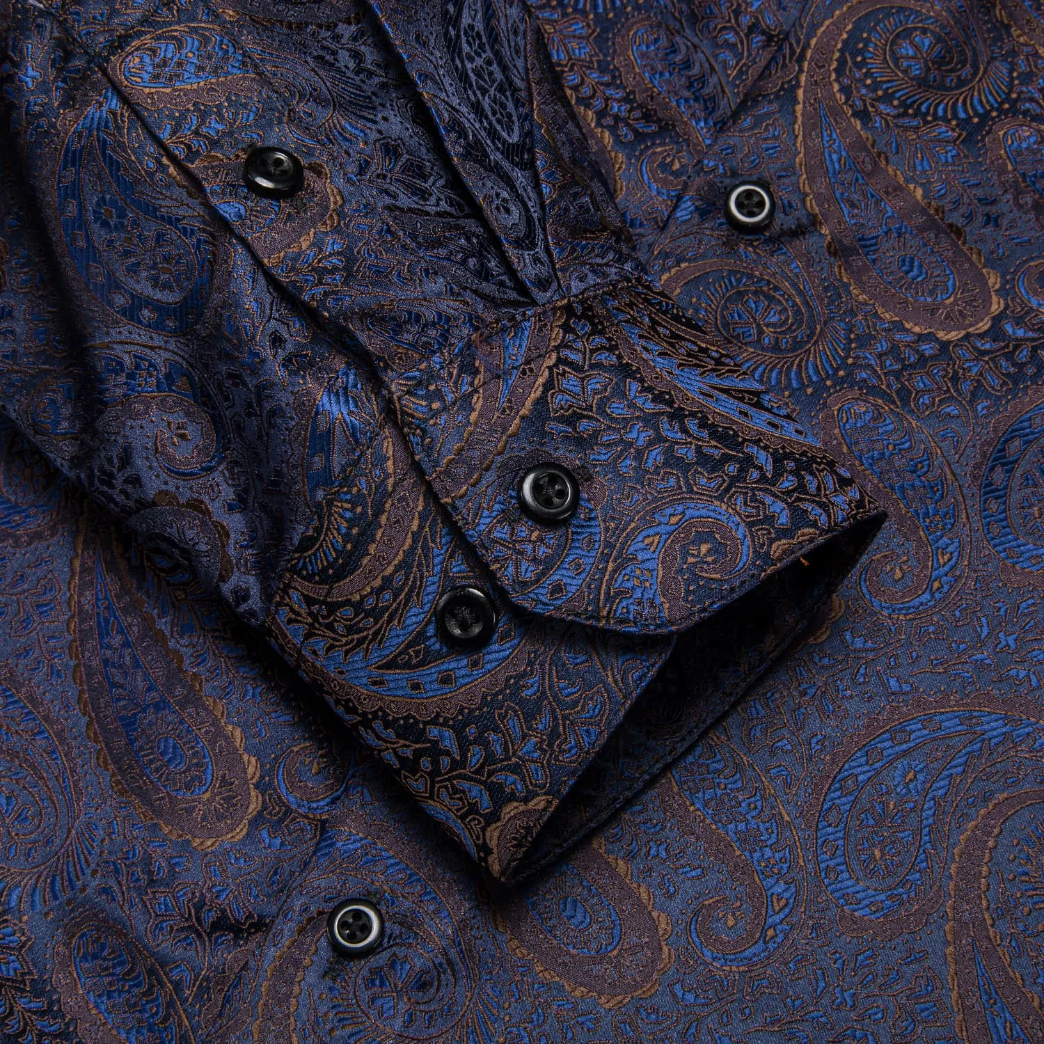 Hi-Tie Paisley Navy Blue Shirt Brown Jacquard Mens Button Down Shirt