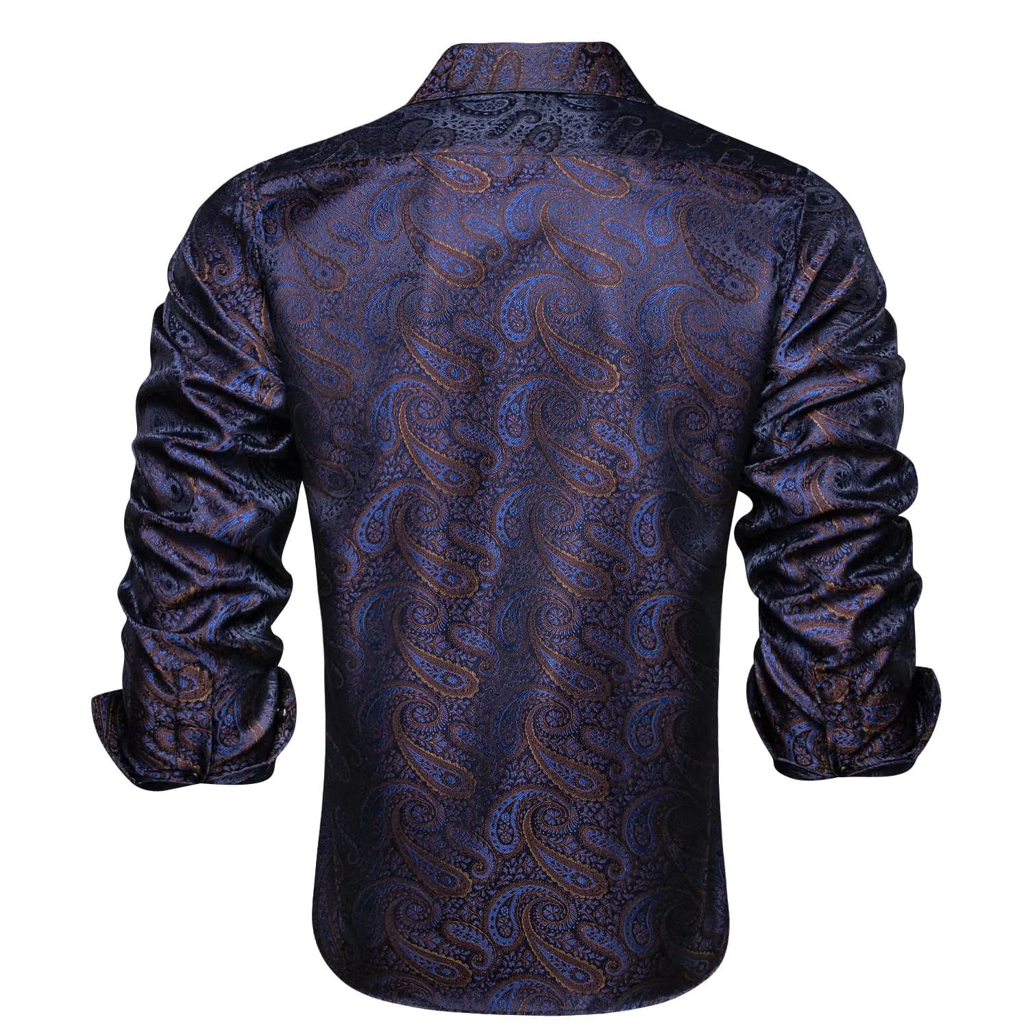 Hi-Tie Paisley Navy Blue Shirt Brown Jacquard Mens Button Down Shirt