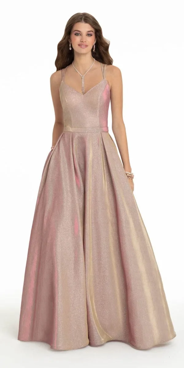 Iridescent Metallic Strappy Back Ball Gown