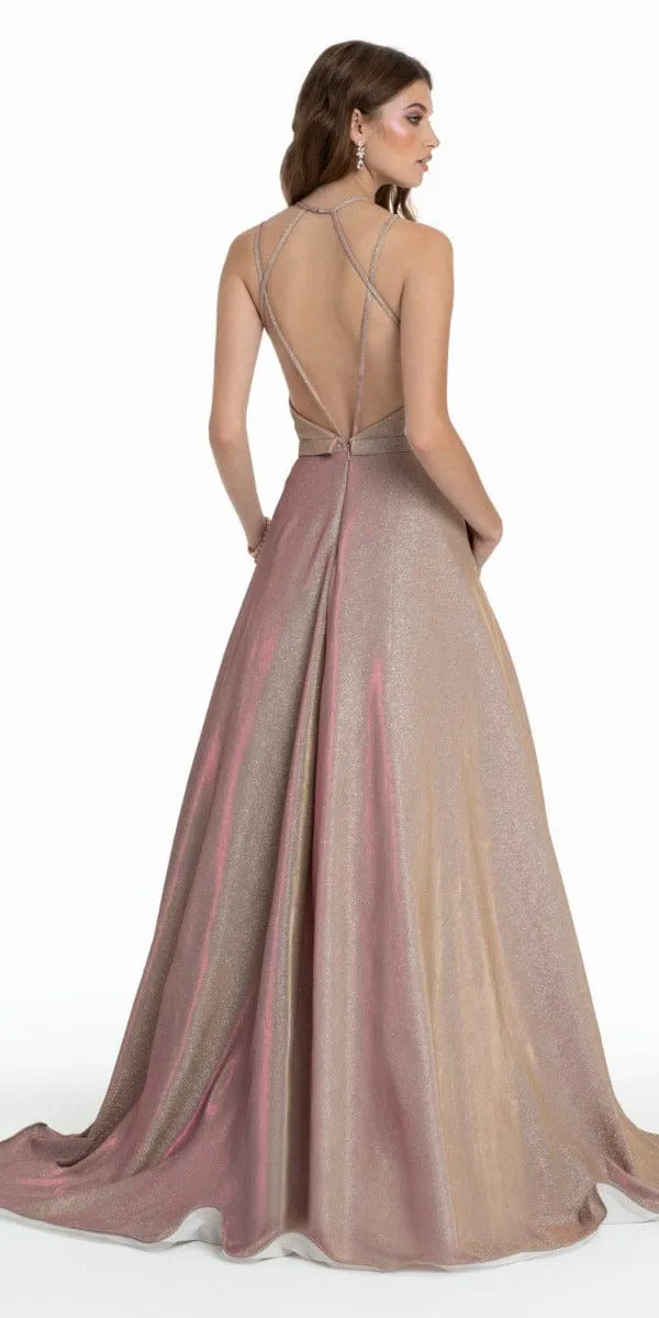 Iridescent Metallic Strappy Back Ball Gown