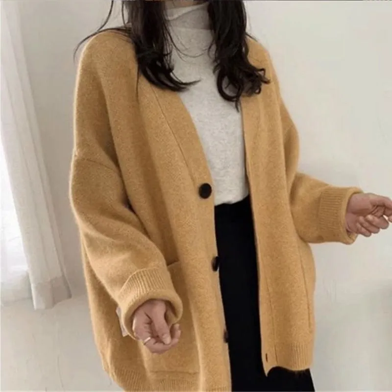 Joskaa Christmas Gift Cardigans Women Solid Elegant Sweaters Pockets Fashion Casual Female Knitted Outwear Womens Lazy Korean Style Clothing Trendy