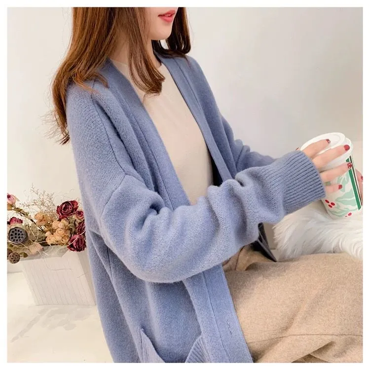 Joskaa Christmas Gift Cardigans Women Solid Elegant Sweaters Pockets Fashion Casual Female Knitted Outwear Womens Lazy Korean Style Clothing Trendy