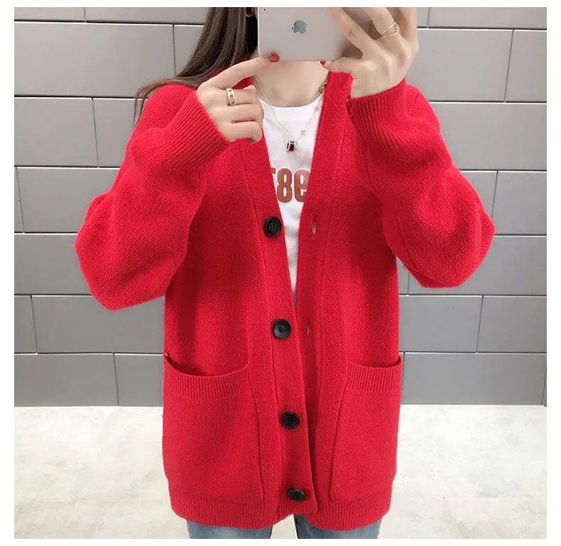 Joskaa Christmas Gift Cardigans Women Solid Elegant Sweaters Pockets Fashion Casual Female Knitted Outwear Womens Lazy Korean Style Clothing Trendy