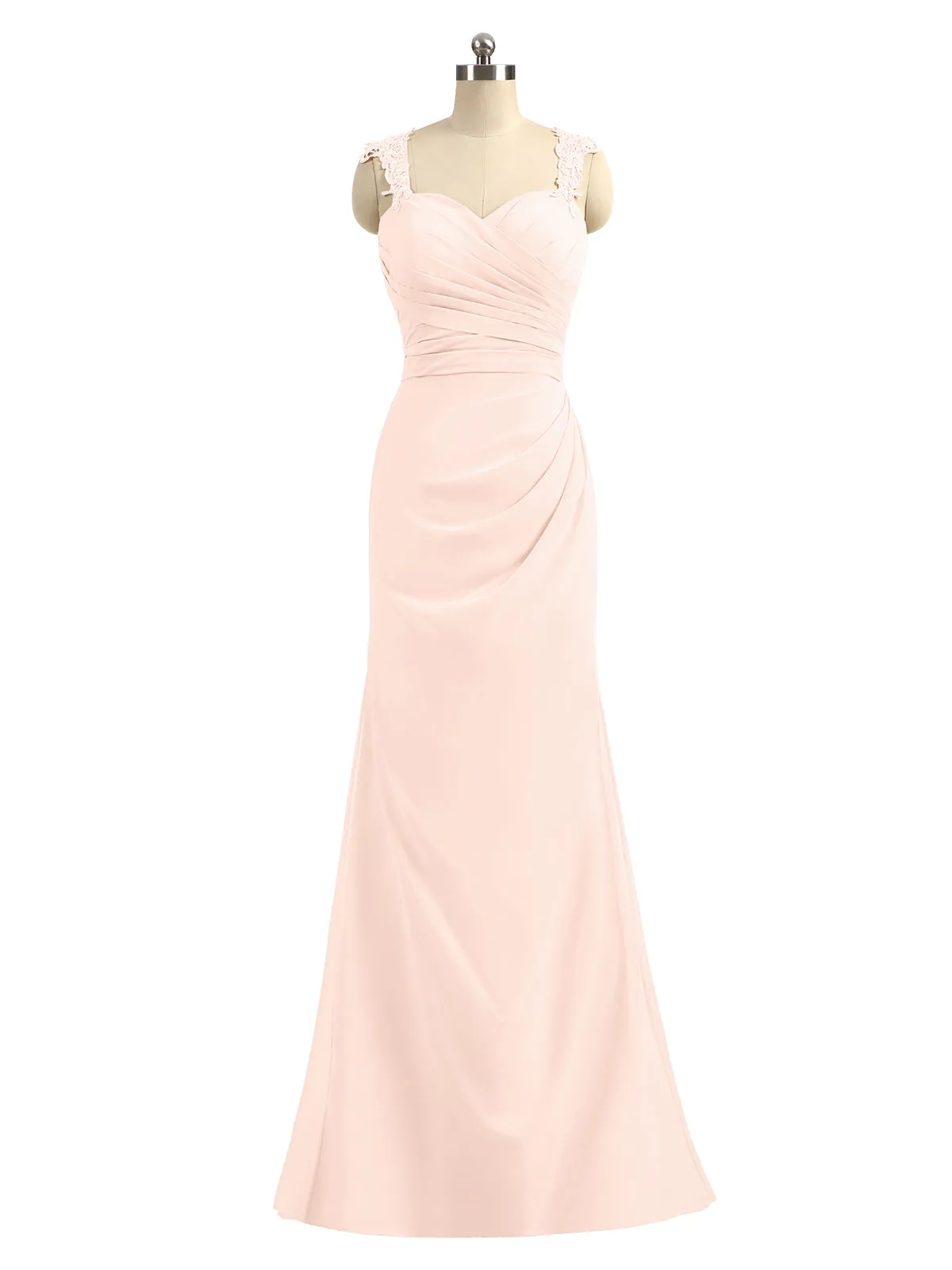 Lace Appliqued Strap Sheath Open Back Dress Pearl Pink