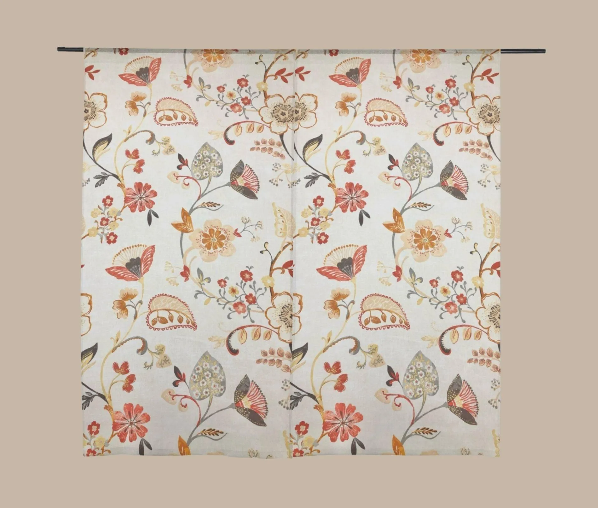 Large Burnt Orange Elegant Floral on Cream Panama Fabric