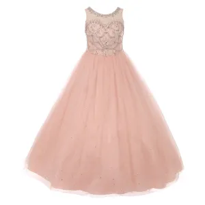 Little Girls Blush Pink Crystal Glitter Tulle Floor Length Pageant Dress 4-6