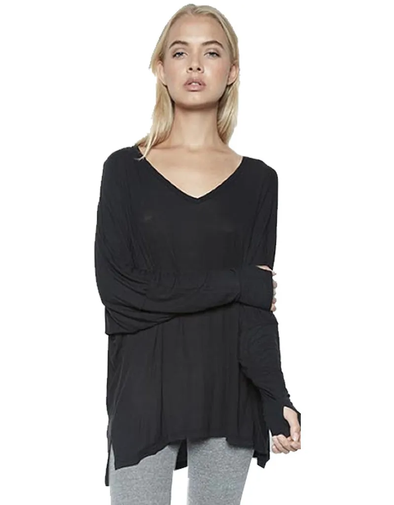 Michael Lauren Gio L/S Draped V-Neck Top w/Thumbholes in Caviar