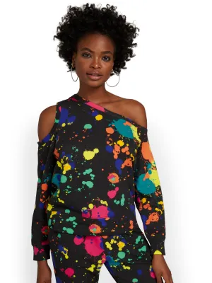 Paint-Splatter Asymmetric Cold-Shoulder French Terry Pullover