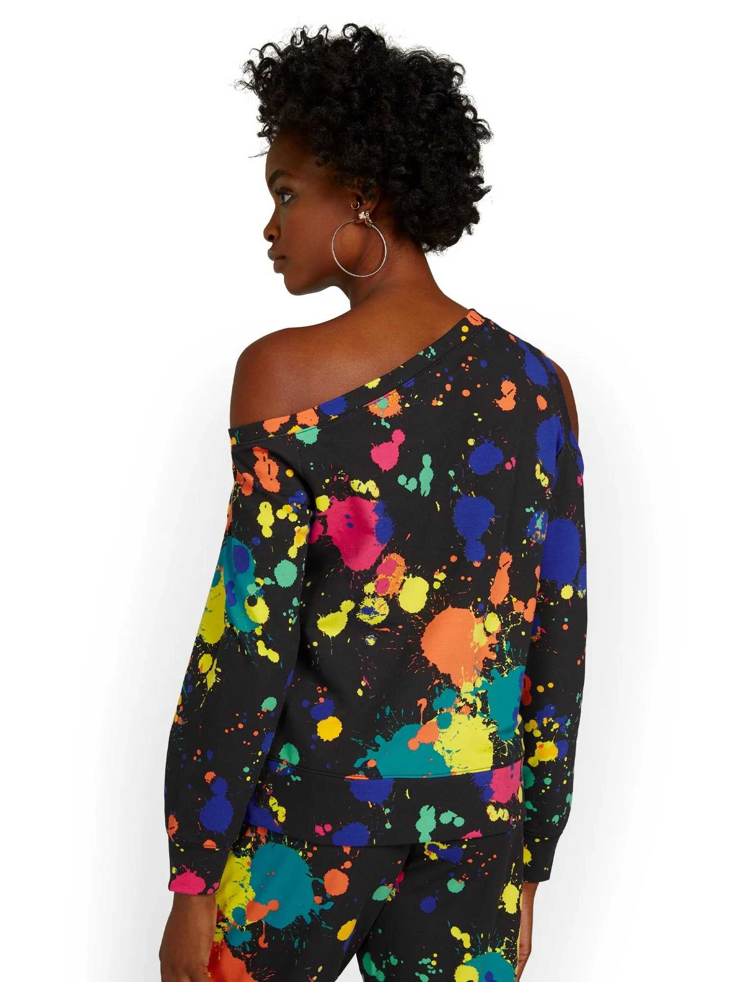 Paint-Splatter Asymmetric Cold-Shoulder French Terry Pullover