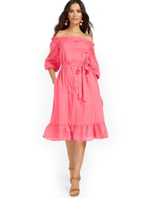 Pink Off-The-Shoulder Ruffle-Hem Dress