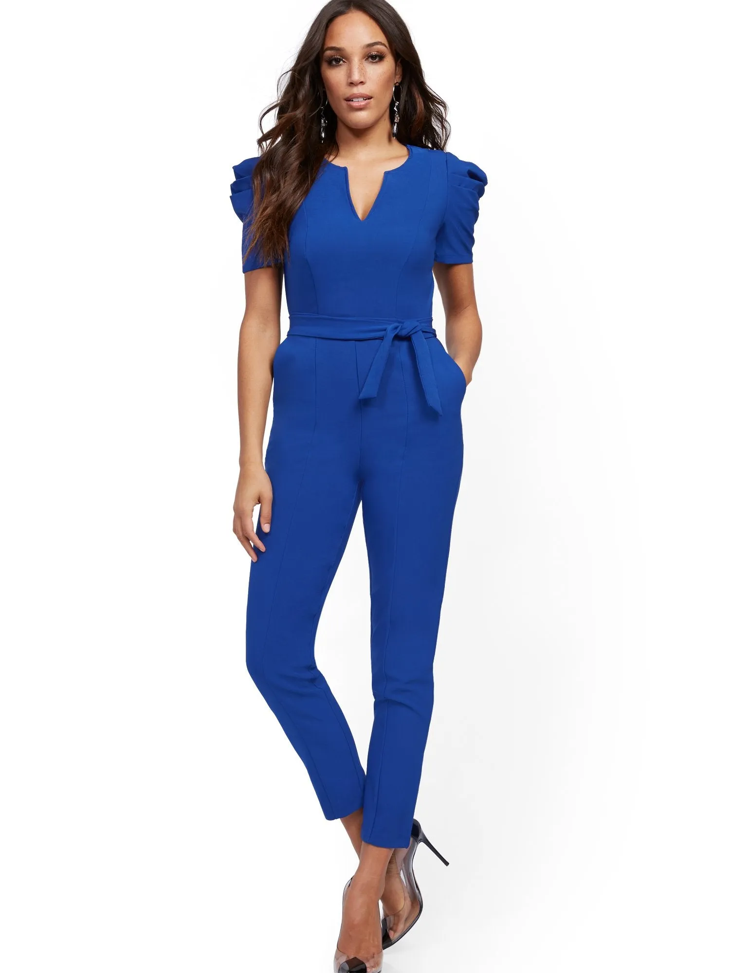 Pleated Puff-Sleeve Jumpsuit