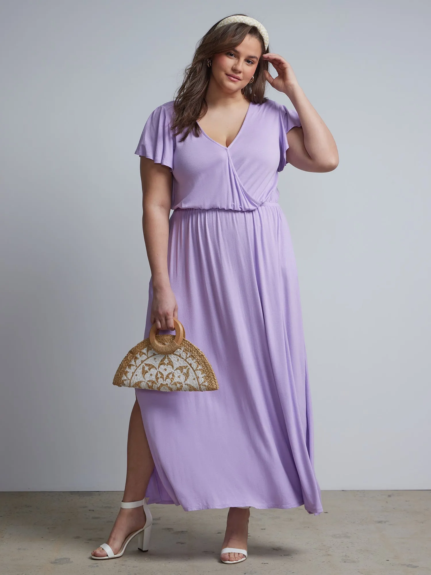 Plus V-Neck Ruffle-Sleeve Maxi Dress