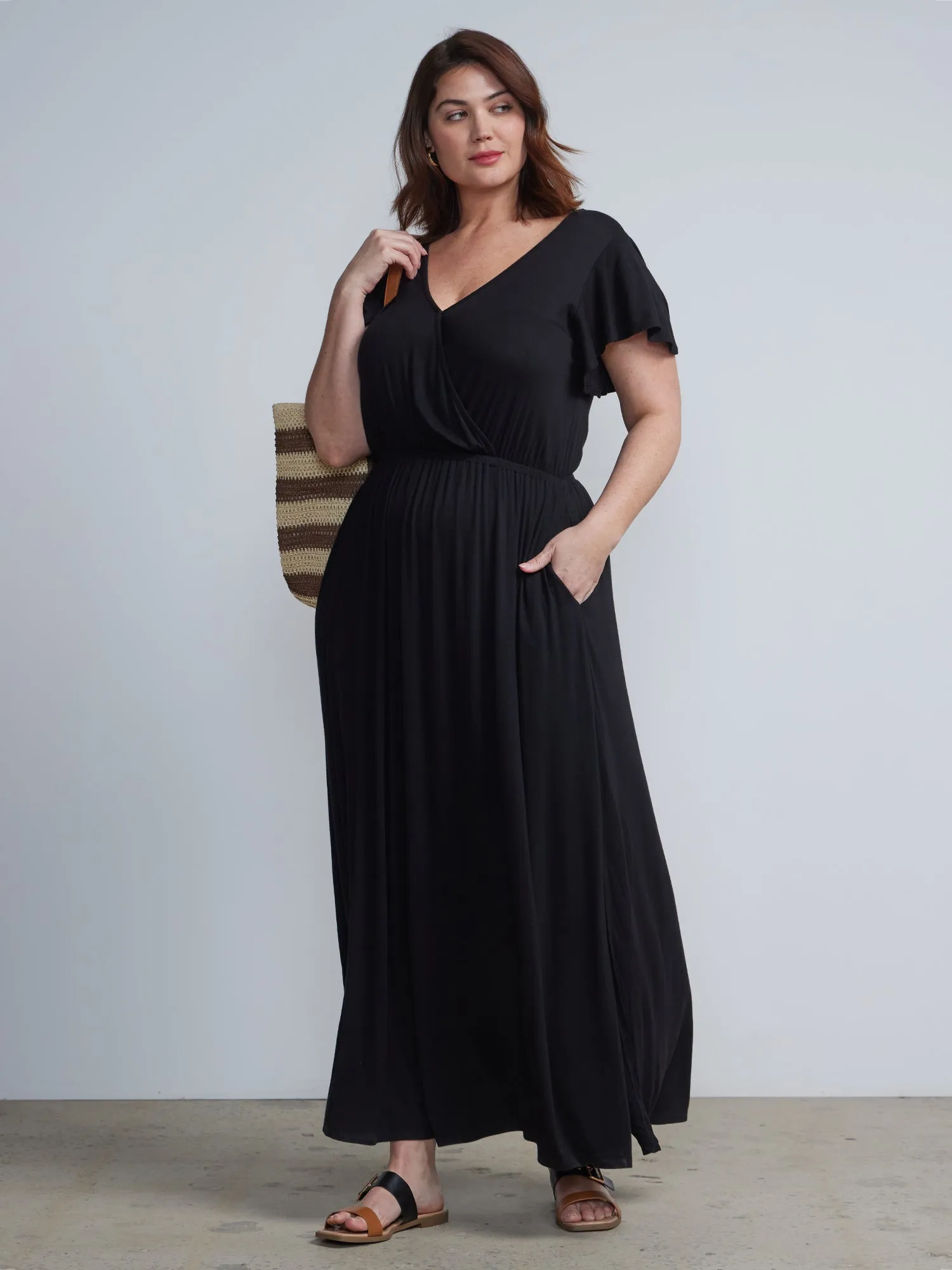 Plus V-Neck Ruffle-Sleeve Maxi Dress