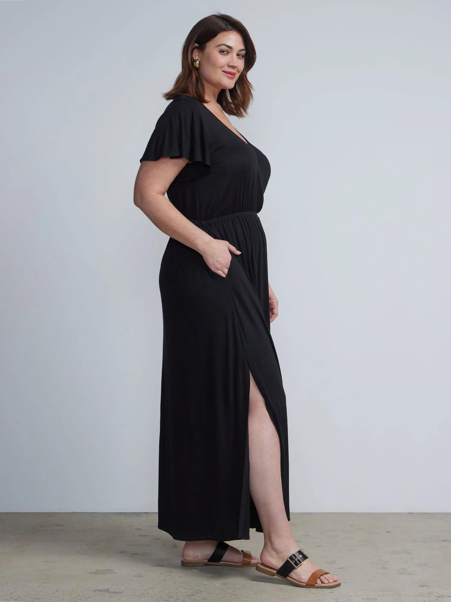 Plus V-Neck Ruffle-Sleeve Maxi Dress