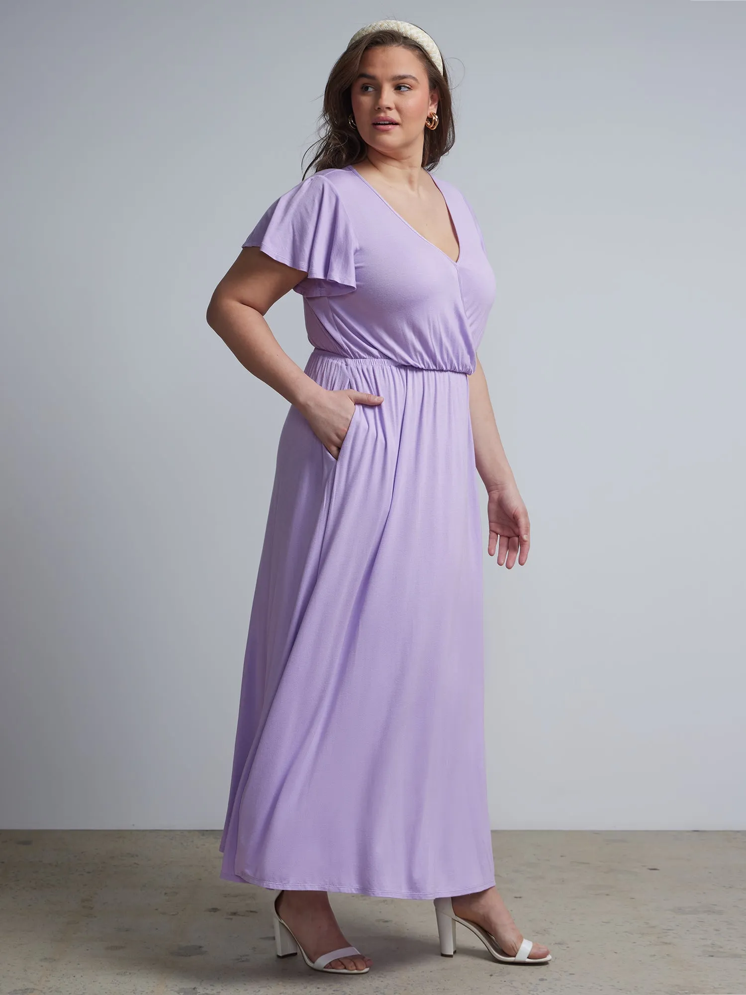 Plus V-Neck Ruffle-Sleeve Maxi Dress