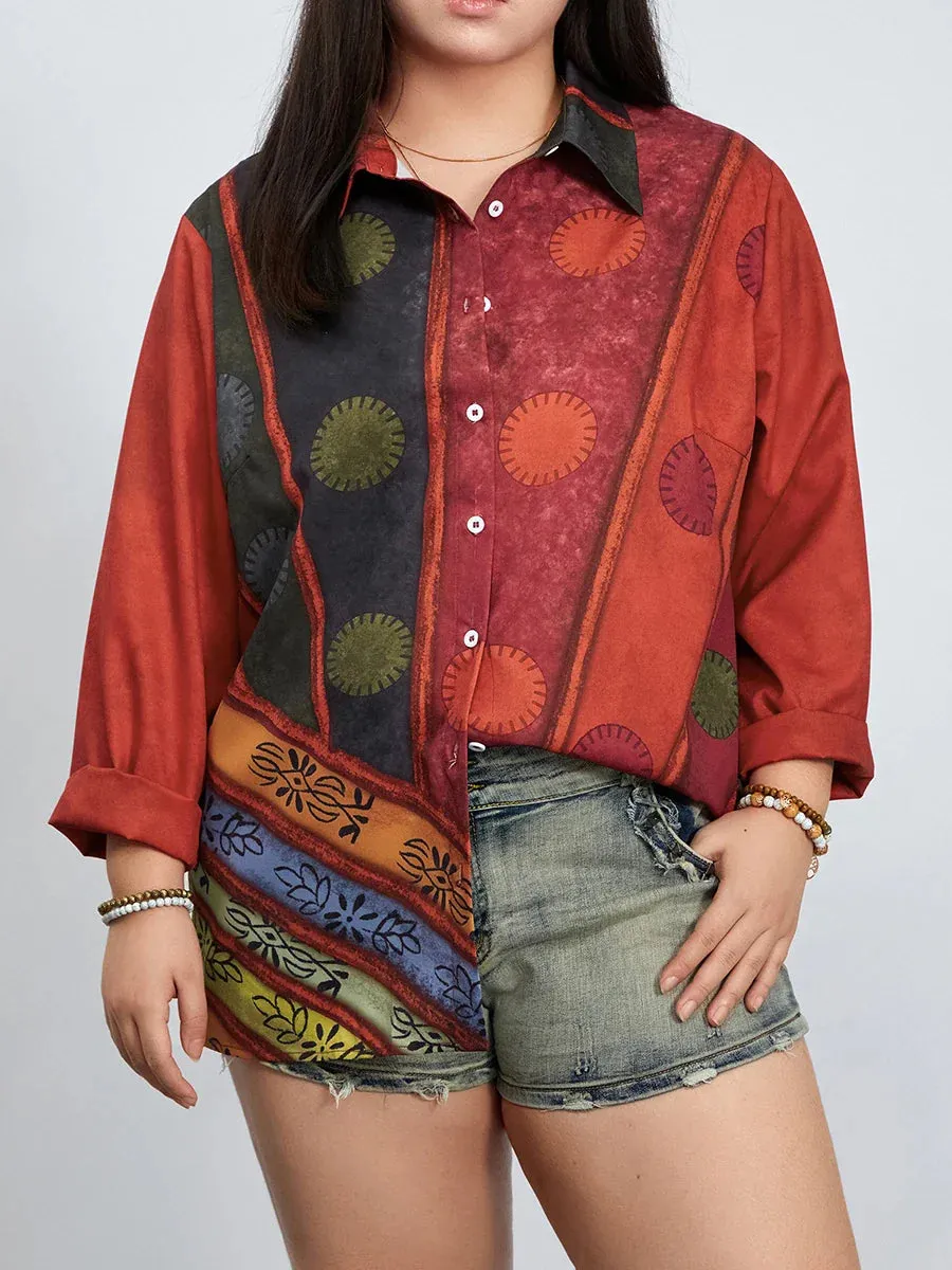 Print Lapel Collar Button Down Base Versatility Tops Vintage Blouse