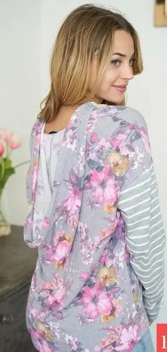 "It's all about the Flowers" Lightweight Hoodie with Stripe Sleeves