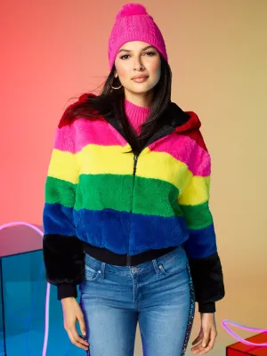 Rainbow Reversible Hooded Faux-Fur Jacket