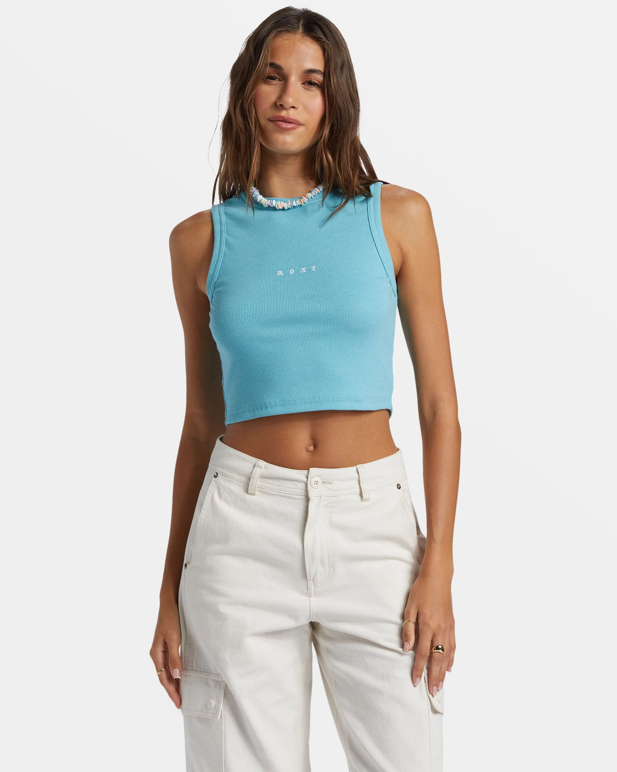 Roxify Fitted Rib Tank Top - Maui Blue