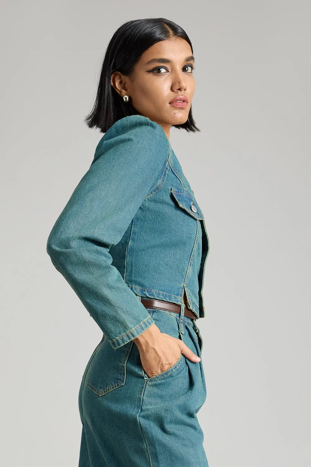 Square Neck Denim Jacket With Slits