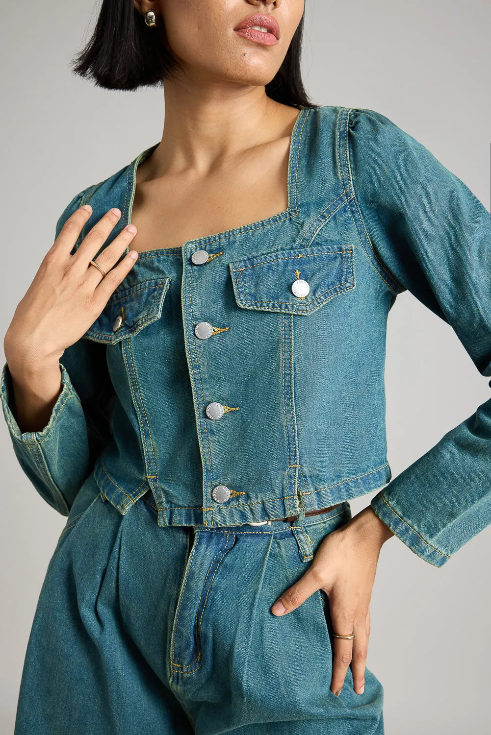 Square Neck Denim Jacket With Slits