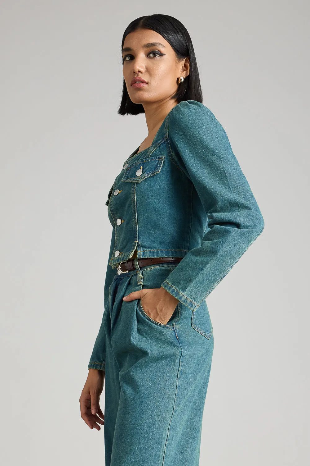 Square Neck Denim Jacket With Slits