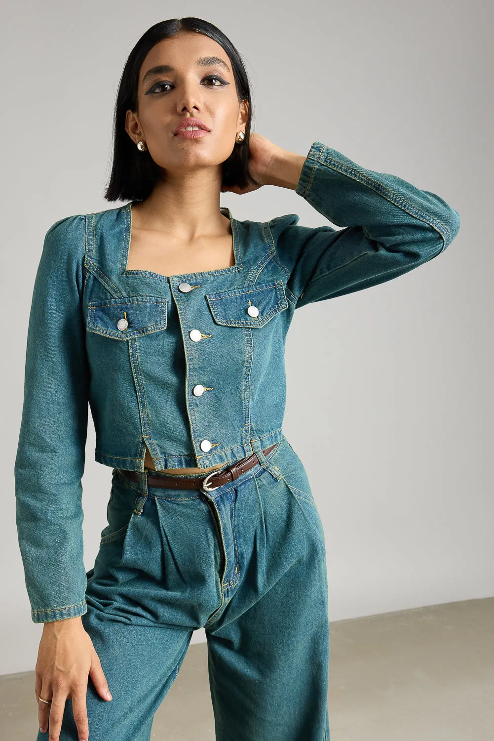 Square Neck Denim Jacket With Slits