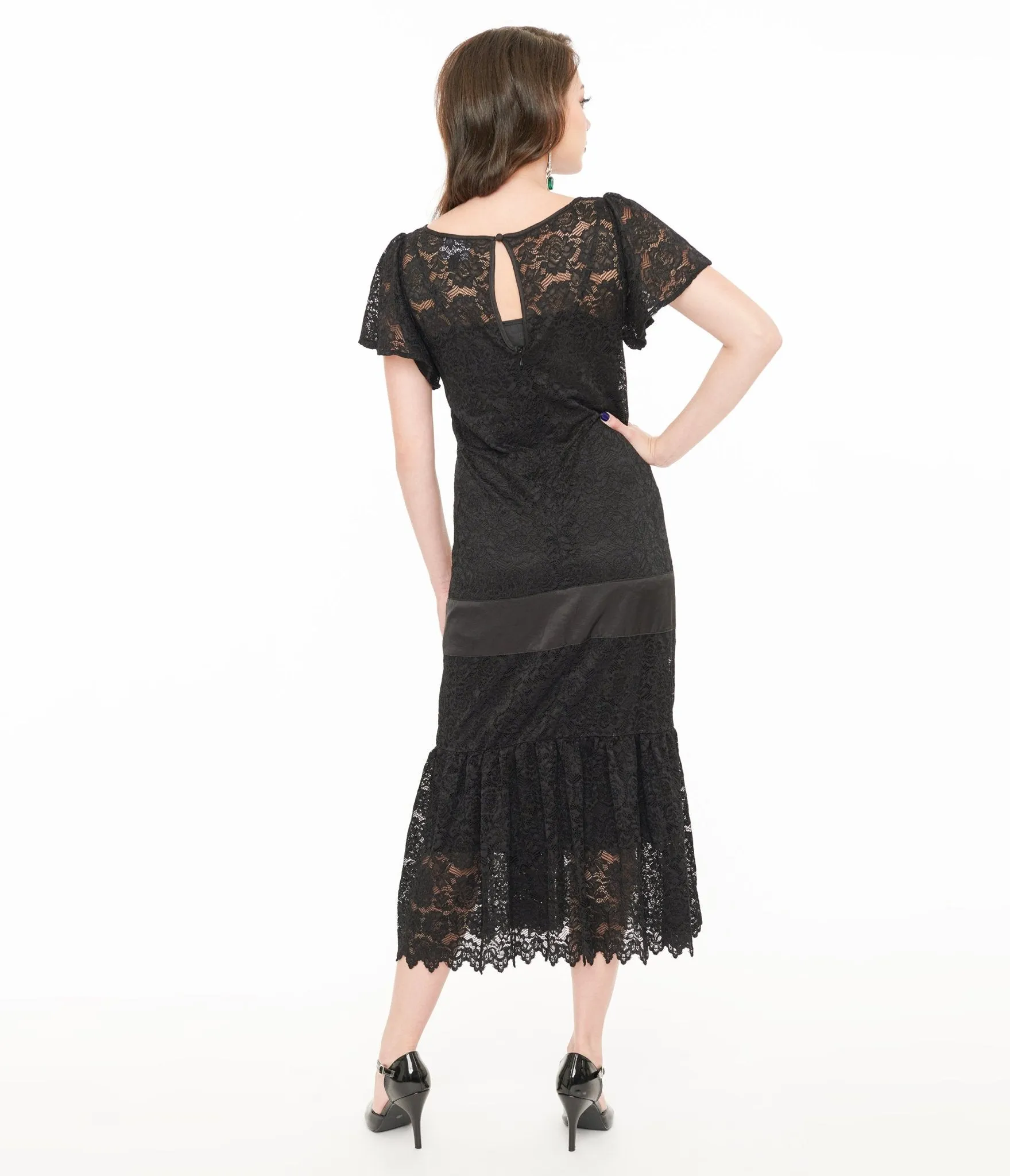 Unique Vintage 1920s Black Floral Lace & Bow Flapper Dress